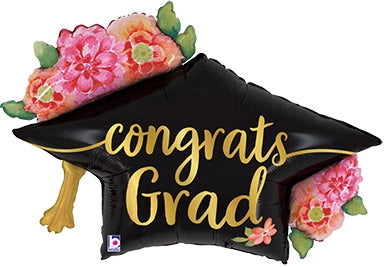 Watercolor Floral Grad Hat Graduation Balloon