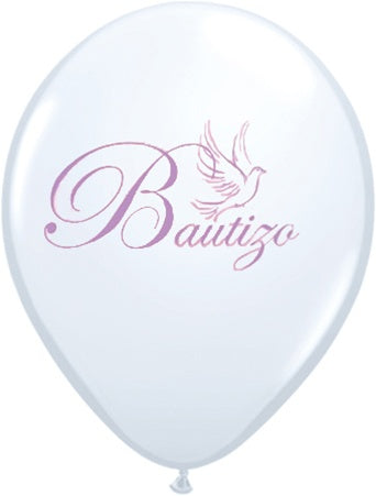 11 inch Bautizo and Dove white latex with Purple lettering Balloon