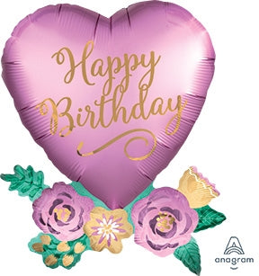 Birthday Satin Heart with Flowers