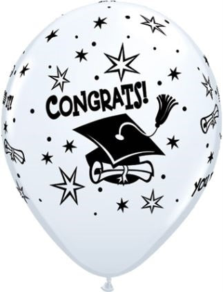 11in Qualatex White with Congrats! Caps