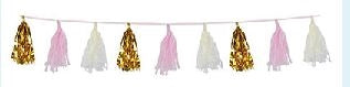 9 3/4 inch x 8 foot Gold Metallic, White Tissue, & Pink Tissue Tassel Garland