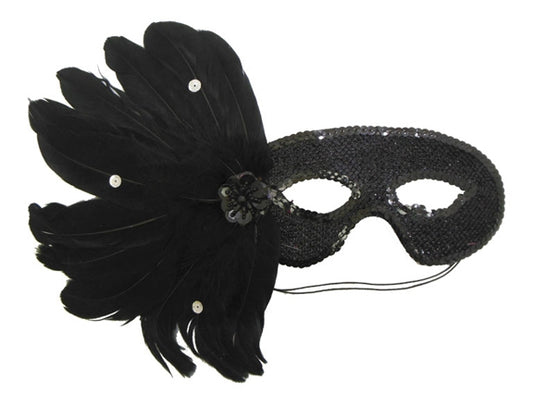 BLACK Feather Mask with Sequins