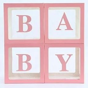 Caja BABY transparente de 12x12x12 pulgadas con letras ROSAS, kit de 4