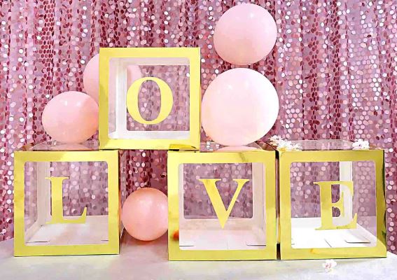 Caja LOVE transparente de 12x12x12 pulgadas con letras doradas, kit de 4